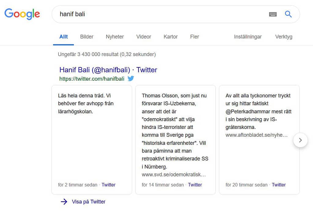 Google-sökning med karusell med tweets