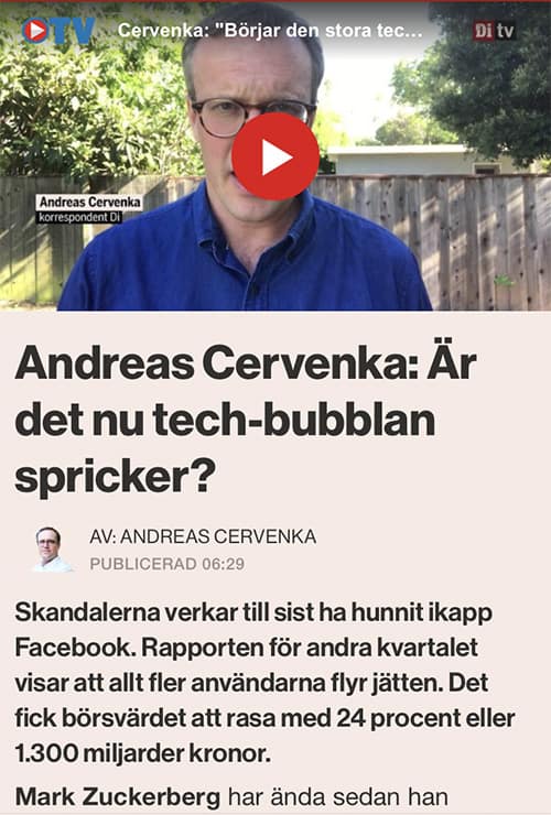 Skärmdump från artikel hos Dagens Industri där rubriken säger att användarna flyr från Facebook