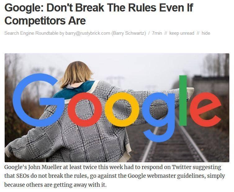Artikelrubrik som säger att Google uppmanar alla som håller på med SEO att inte bryta mot Google regler även om konkurrenter gör det
