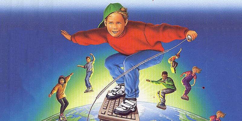 Tecknade barn som surfar på tangentbord ovanför atmosfären