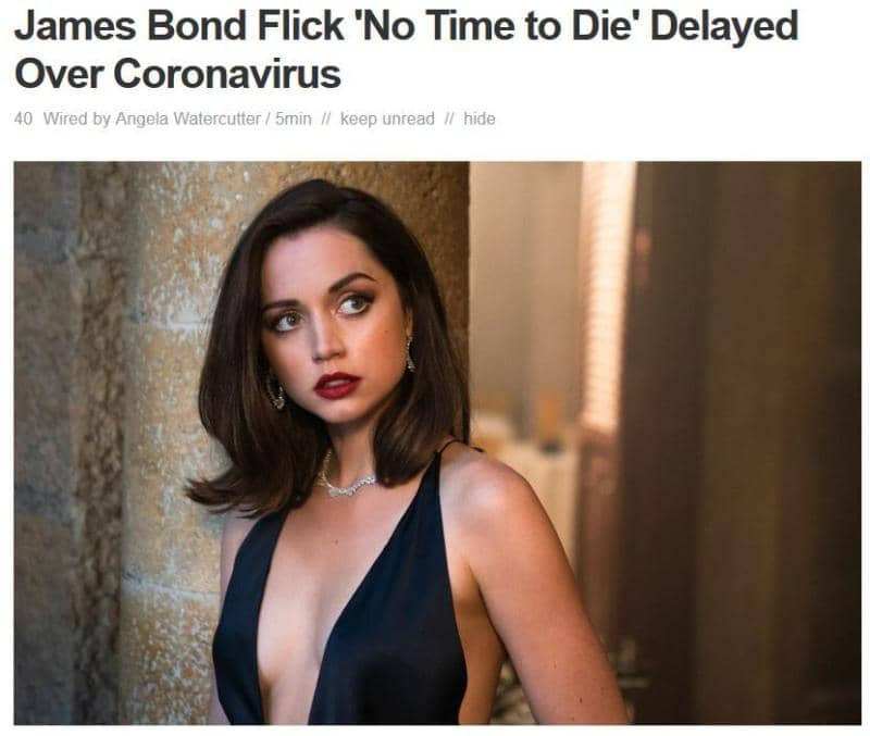 Rubrik som säger "James Bond flick "No Time to Die" delayed over coronavirus"